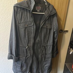 Dusty blue utility jacket with hood